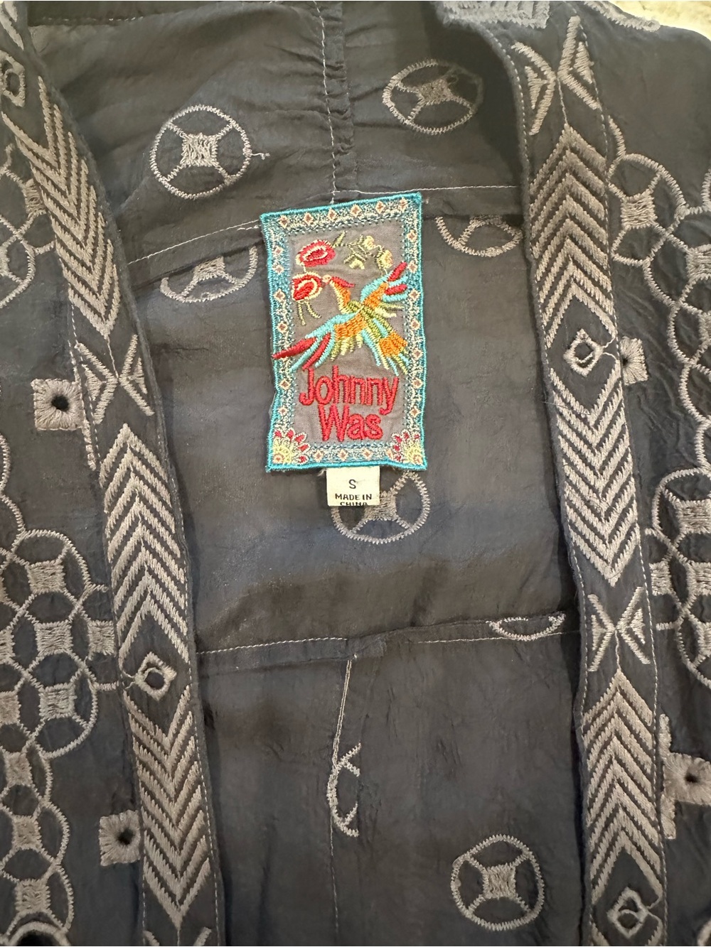 Johnny Was Embroidered Eyelet Open Front Kimono Jacket Gray Blue Size Small - Picture 2 of 12